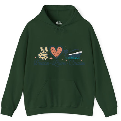 Peace Love Cruise Shirt - Fun Family Cruise Vacation Group Tee (Hoodie) in Forest Green - Peace Love Cruise Shirt - Retro Hand Sign Heart Ship Group Tee