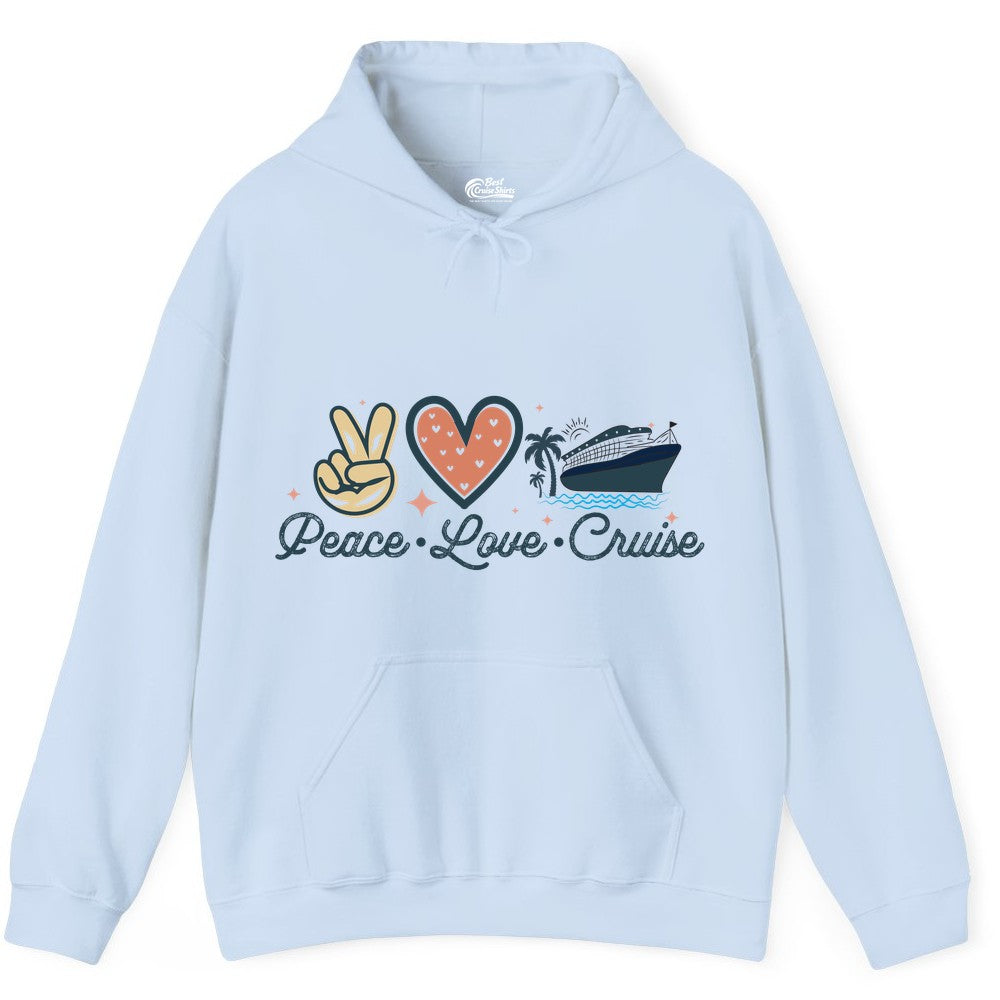 Peace Love Cruise Shirt - Fun Family Cruise Vacation Group Tee (Hoodie) in Light Blue - Peace Love Cruise Shirt - Retro Hand Sign Heart Ship Group Tee
