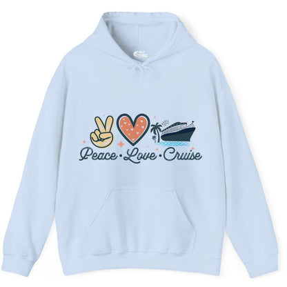 Peace Love Cruise Shirt - Fun Family Cruise Vacation Group Tee (Hoodie) in Light Blue - Peace Love Cruise Shirt - Retro Hand Sign Heart Ship Group Tee