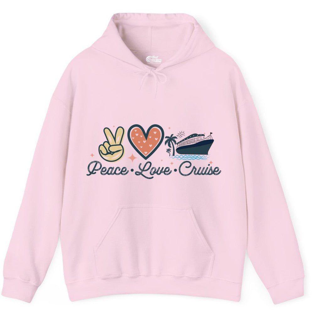 Peace Love Cruise Shirt - Fun Family Cruise Vacation Group Tee (Hoodie) in Light Pink - Peace Love Cruise Shirt - Retro Hand Sign Heart Ship Group Tee