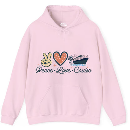 Peace Love Cruise Shirt - Fun Family Cruise Vacation Group Tee (Hoodie) in Light Pink - Peace Love Cruise Shirt - Retro Hand Sign Heart Ship Group Tee