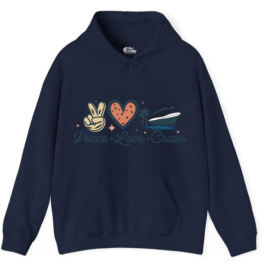 Peace Love Cruise Shirt - Fun Family Cruise Vacation Group Tee (Hoodie) in Navy - Peace Love Cruise Shirt - Retro Hand Sign Heart Ship Group Tee