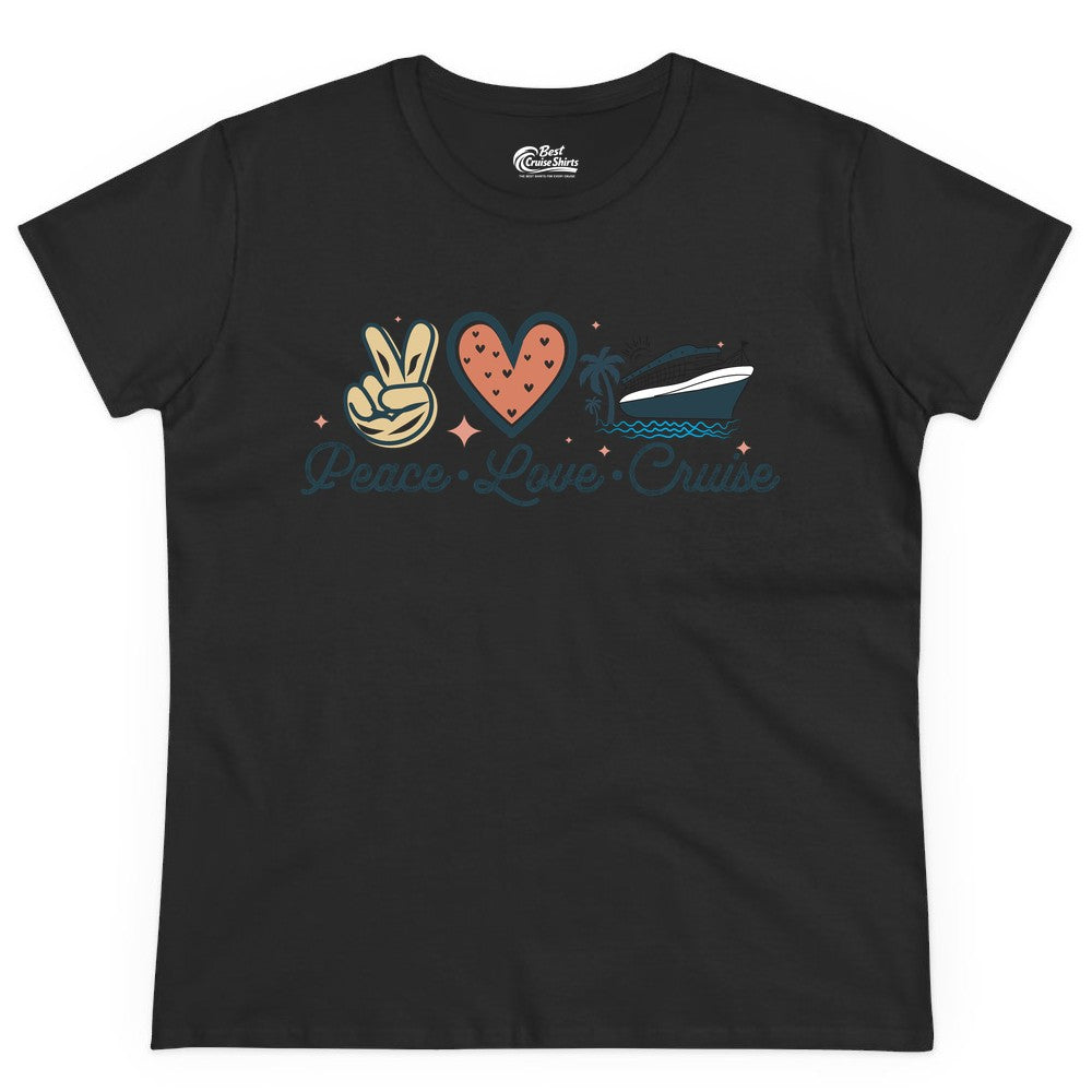 Peace Love Cruise Shirt - Fun Family Cruise Vacation Group Tee (Ladies Tee) in Black - Peace Love Cruise Shirt - Retro Hand Sign Heart Ship Group Tee