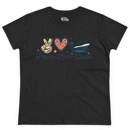 Peace Love Cruise Shirt - Fun Family Cruise Vacation Group Tee (Ladies Tee) in Black - Peace Love Cruise Shirt - Retro Hand Sign Heart Ship Group Tee