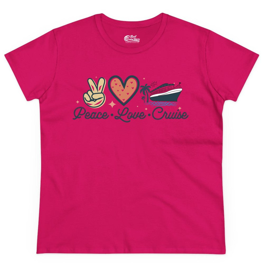 Peace Love Cruise Shirt - Fun Family Cruise Vacation Group Tee (Ladies Tee) in Heliconia - Peace Love Cruise Shirt - Retro Hand Sign Heart Ship Group Tee