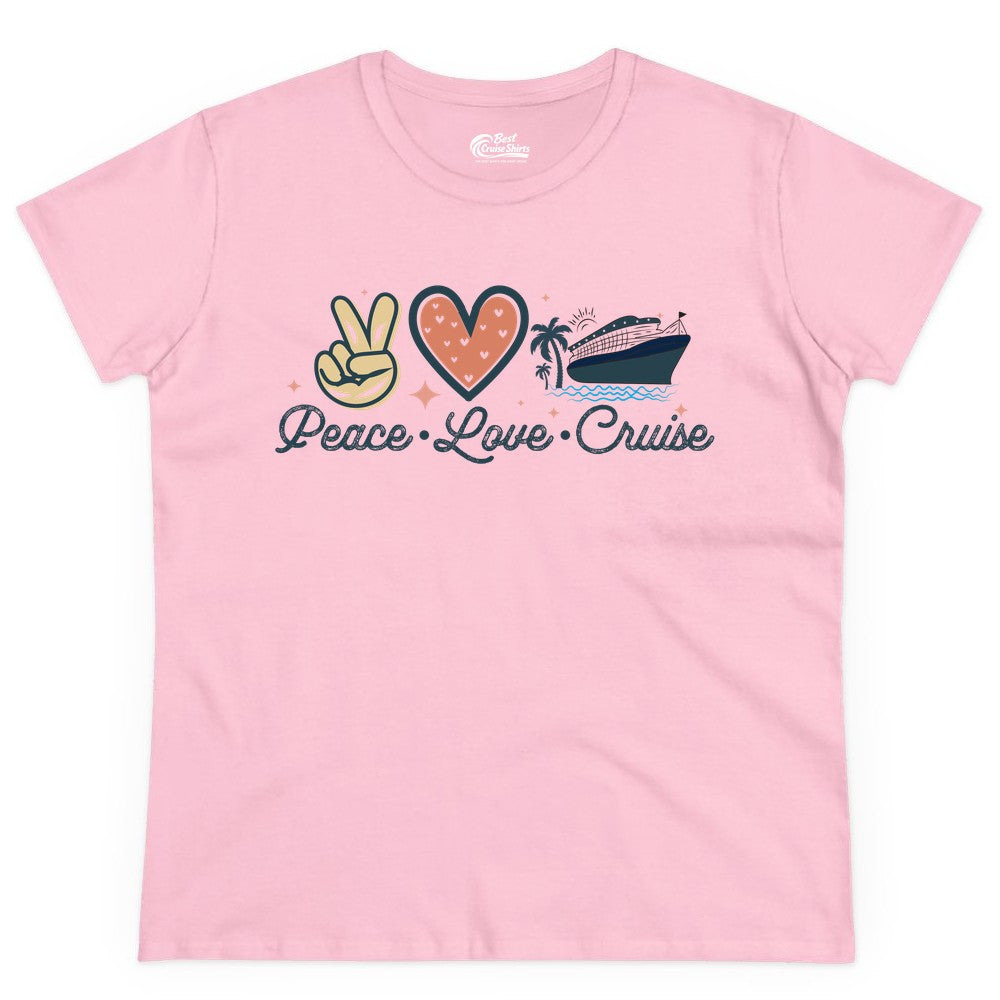 Peace Love Cruise Shirt - Fun Family Cruise Vacation Group Tee (Ladies Tee) in Light Pink - Peace Love Cruise Shirt - Retro Hand Sign Heart Ship Group Tee