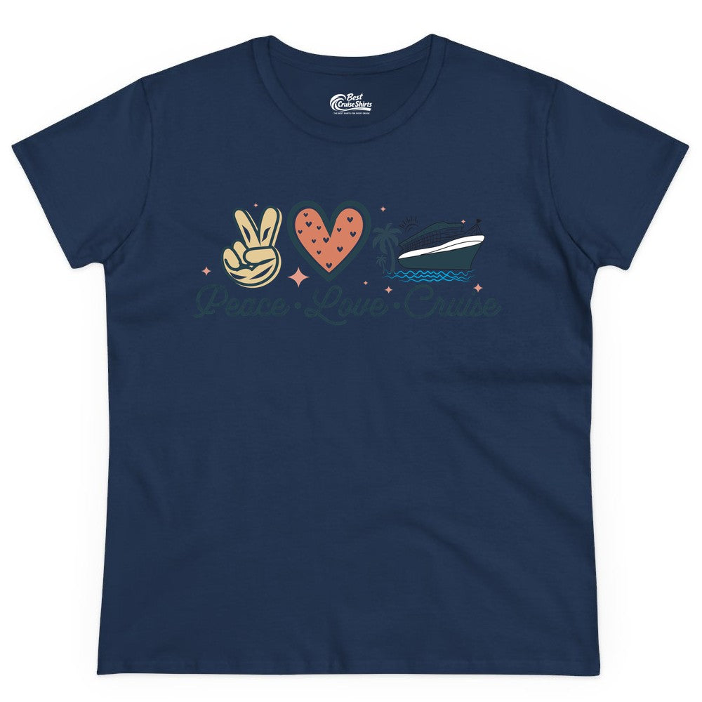 Peace Love Cruise Shirt - Fun Family Cruise Vacation Group Tee (Ladies Tee) in Navy - Peace Love Cruise Shirt - Retro Hand Sign Heart Ship Group Tee