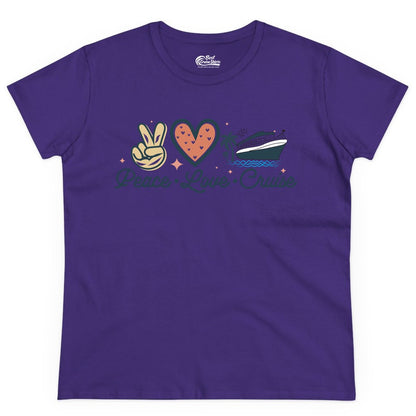 Peace Love Cruise Shirt - Fun Family Cruise Vacation Group Tee (Ladies Tee) in Purple - Peace Love Cruise Shirt - Retro Hand Sign Heart Ship Group Tee