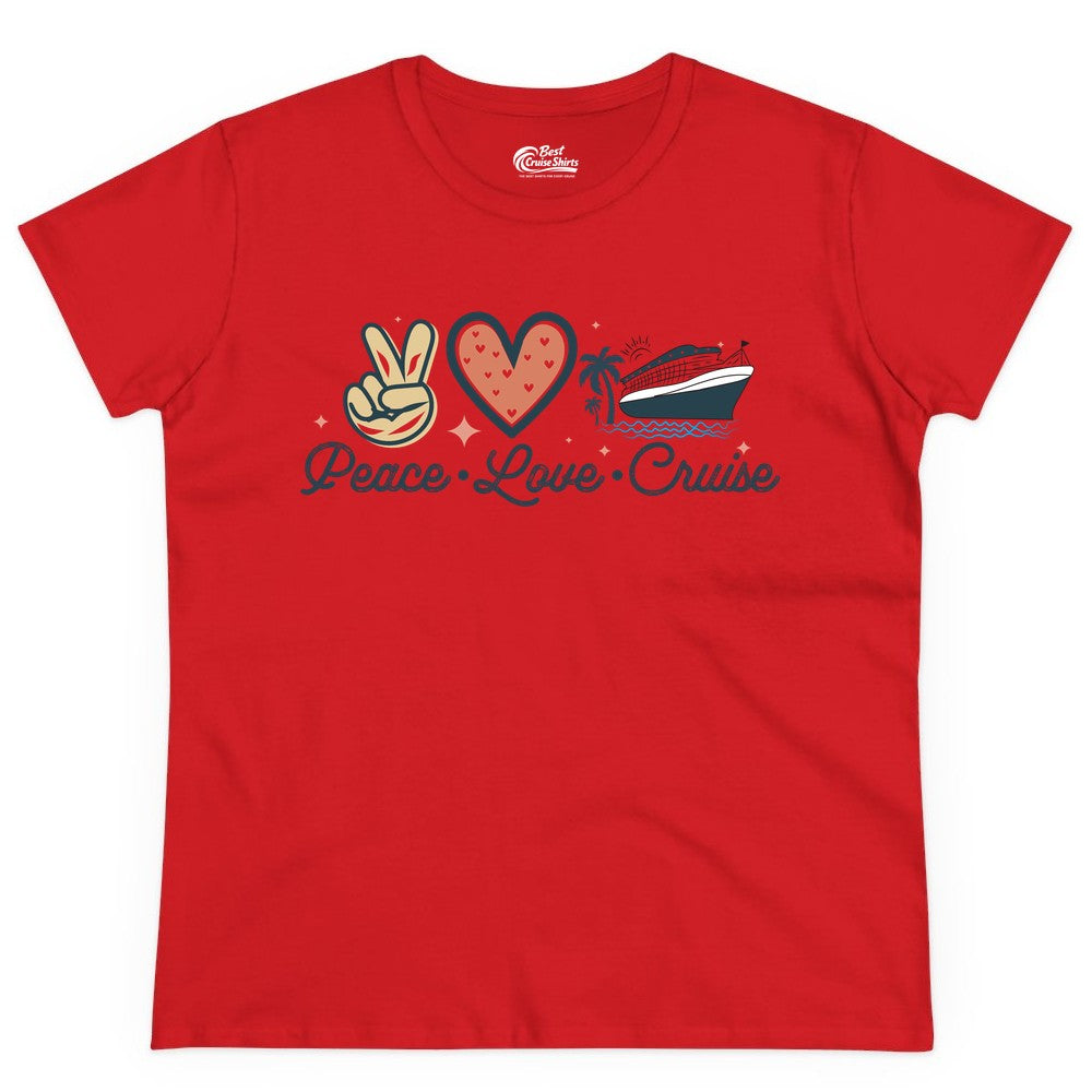 Peace Love Cruise Shirt - Fun Family Cruise Vacation Group Tee (Ladies Tee) in Red - Peace Love Cruise Shirt - Retro Hand Sign Heart Ship Group Tee