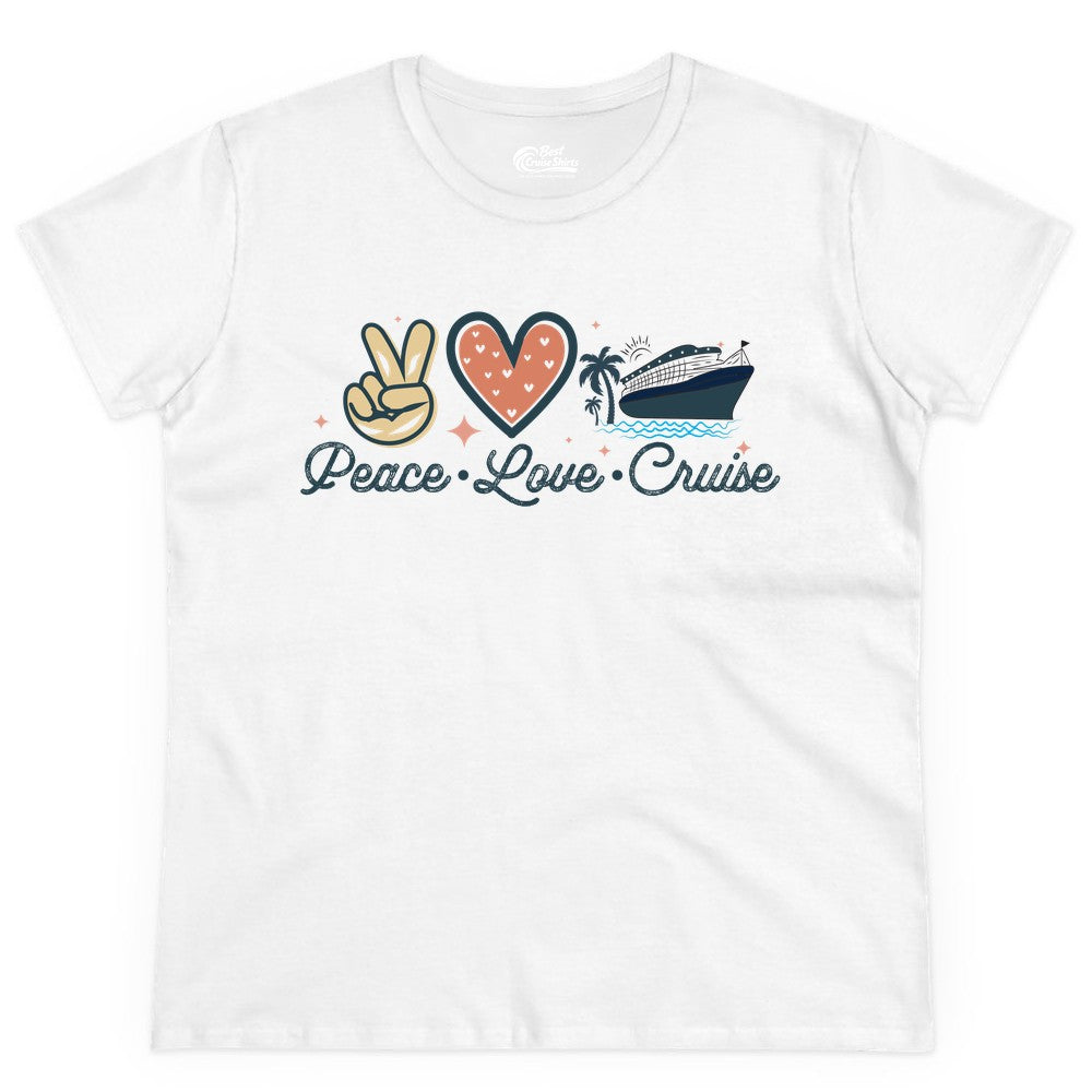 Peace Love Cruise Shirt - Fun Family Cruise Vacation Group Tee (Ladies Tee) in White - Peace Love Cruise Shirt - Retro Hand Sign Heart Ship Group Tee
