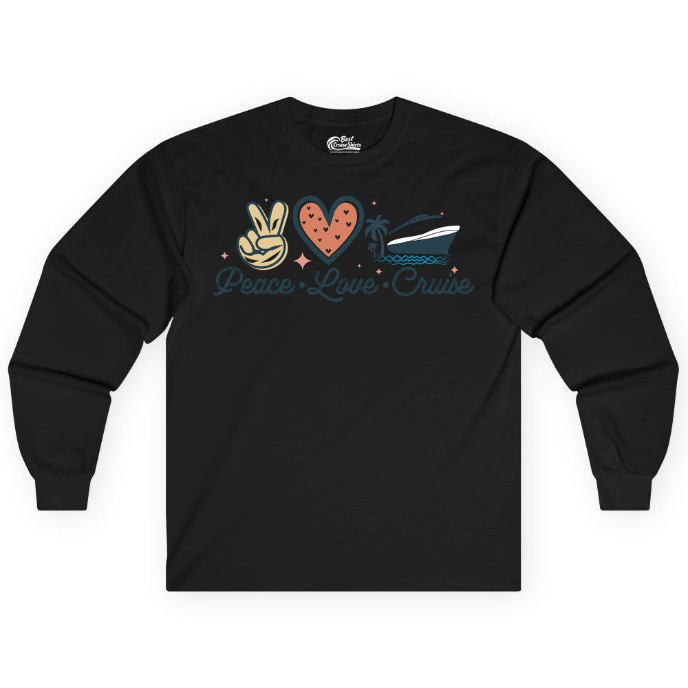 Peace Love Cruise Shirt - Fun Family Cruise Vacation Group Tee (Long Sleeve) in Black - Peace Love Cruise Shirt - Retro Hand Sign Heart Ship Group Tee