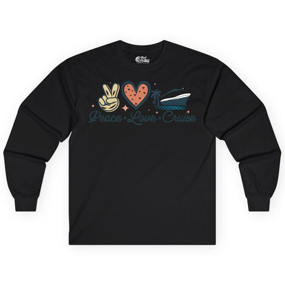 Peace Love Cruise Shirt - Fun Family Cruise Vacation Group Tee (Long Sleeve) in Black - Peace Love Cruise Shirt - Retro Hand Sign Heart Ship Group Tee