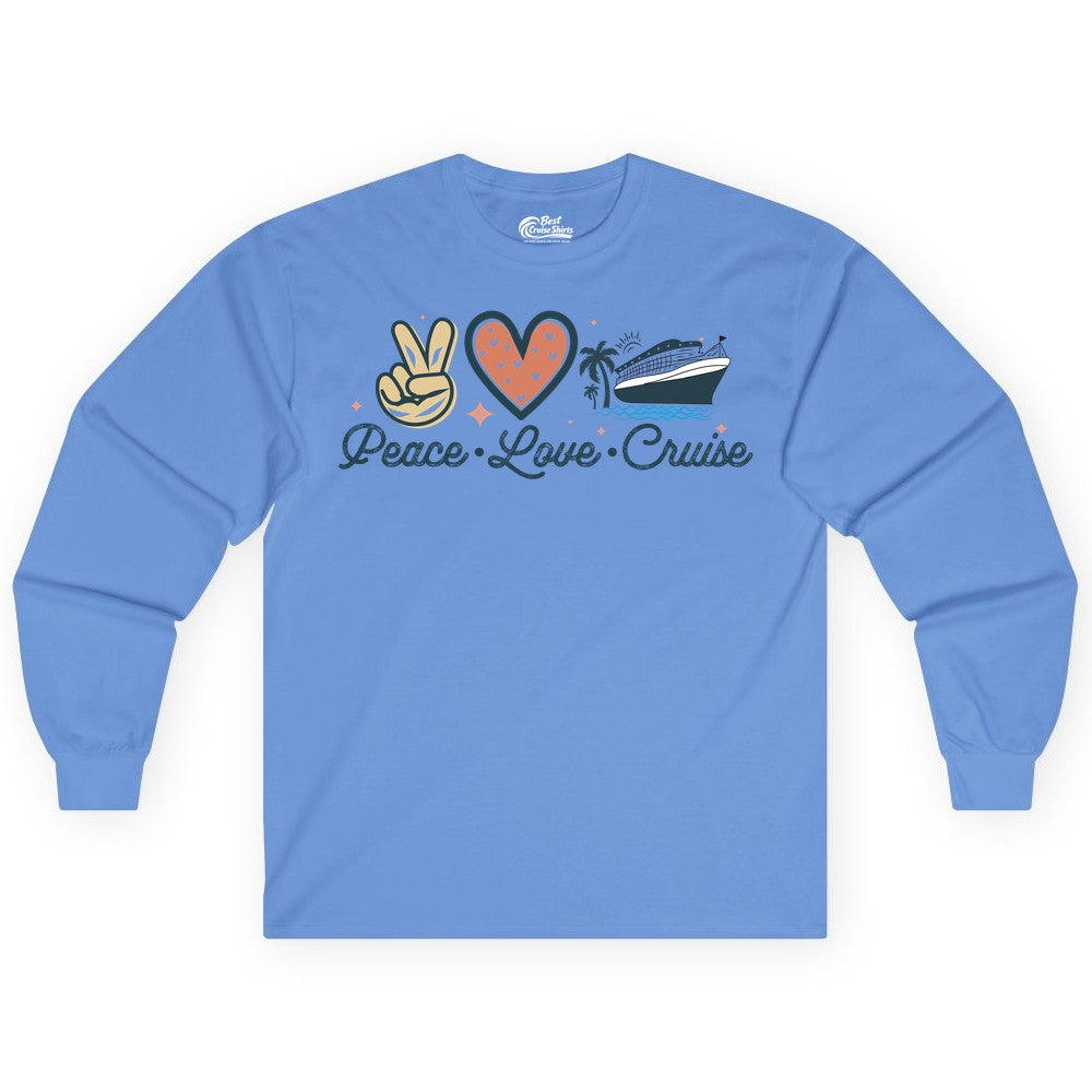 Peace Love Cruise Shirt - Fun Family Cruise Vacation Group Tee (Long Sleeve) in Carolina Blue - Peace Love Cruise Shirt - Retro Hand Sign Heart Ship Group Tee