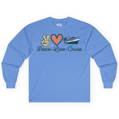 Peace Love Cruise Shirt - Fun Family Cruise Vacation Group Tee (Long Sleeve) in Carolina Blue - Peace Love Cruise Shirt - Retro Hand Sign Heart Ship Group Tee