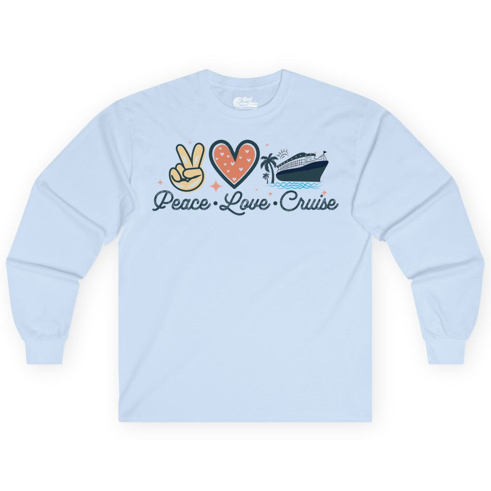 Peace Love Cruise Shirt - Fun Family Cruise Vacation Group Tee (Long Sleeve) in Light Blue - Peace Love Cruise Shirt - Retro Hand Sign Heart Ship Group Tee