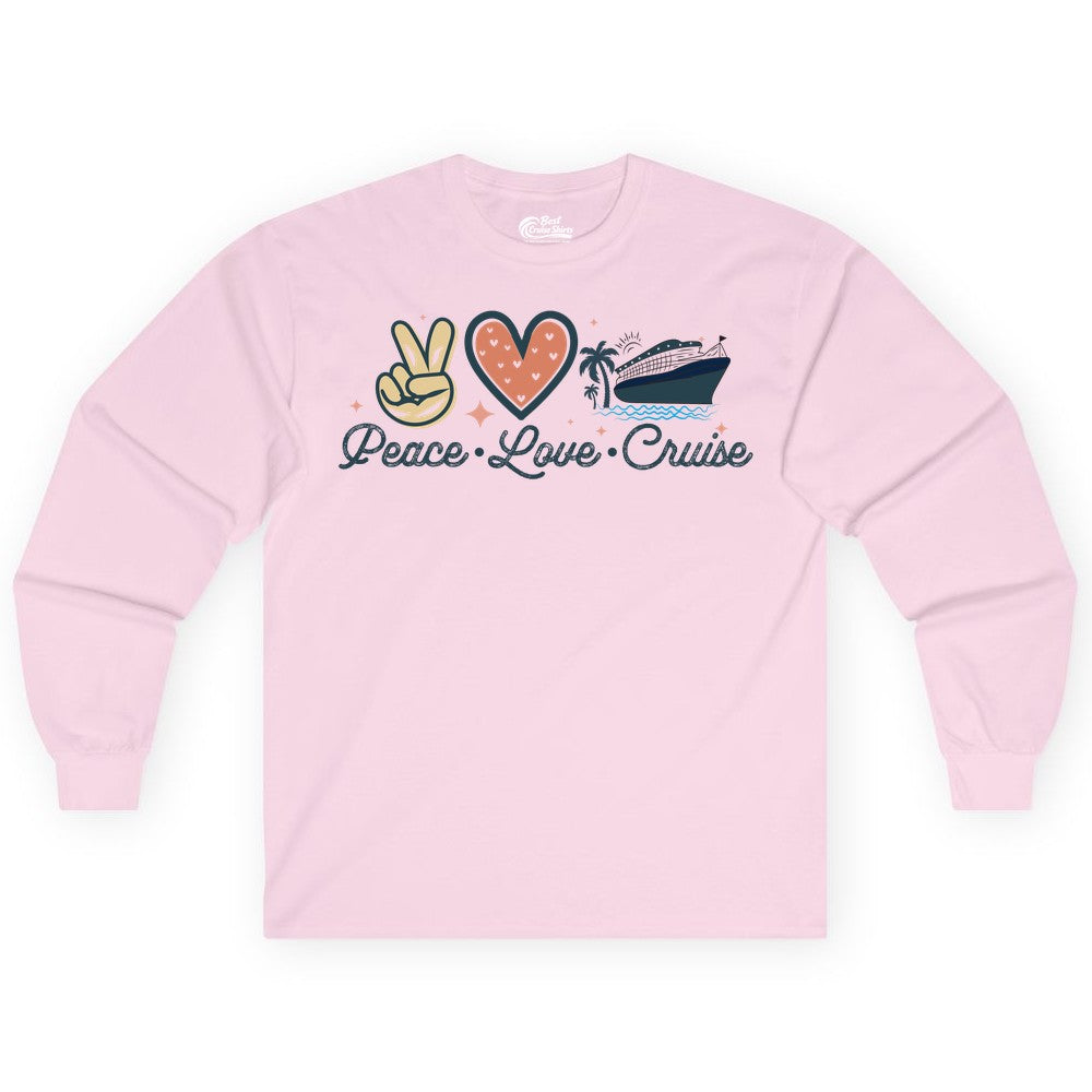 Peace Love Cruise Shirt - Fun Family Cruise Vacation Group Tee (Long Sleeve) in Light Pink - Peace Love Cruise Shirt - Retro Hand Sign Heart Ship Group Tee