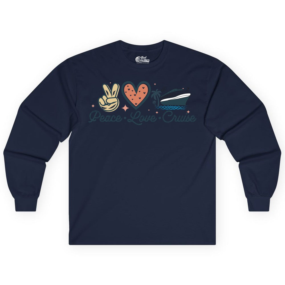 Peace Love Cruise Shirt - Fun Family Cruise Vacation Group Tee (Long Sleeve) in Navy - Peace Love Cruise Shirt - Retro Hand Sign Heart Ship Group Tee