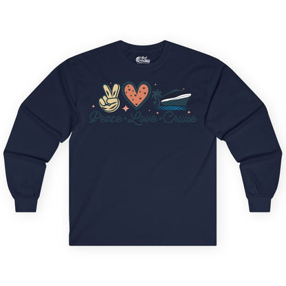 Peace Love Cruise Shirt - Fun Family Cruise Vacation Group Tee (Long Sleeve) in Navy - Peace Love Cruise Shirt - Retro Hand Sign Heart Ship Group Tee