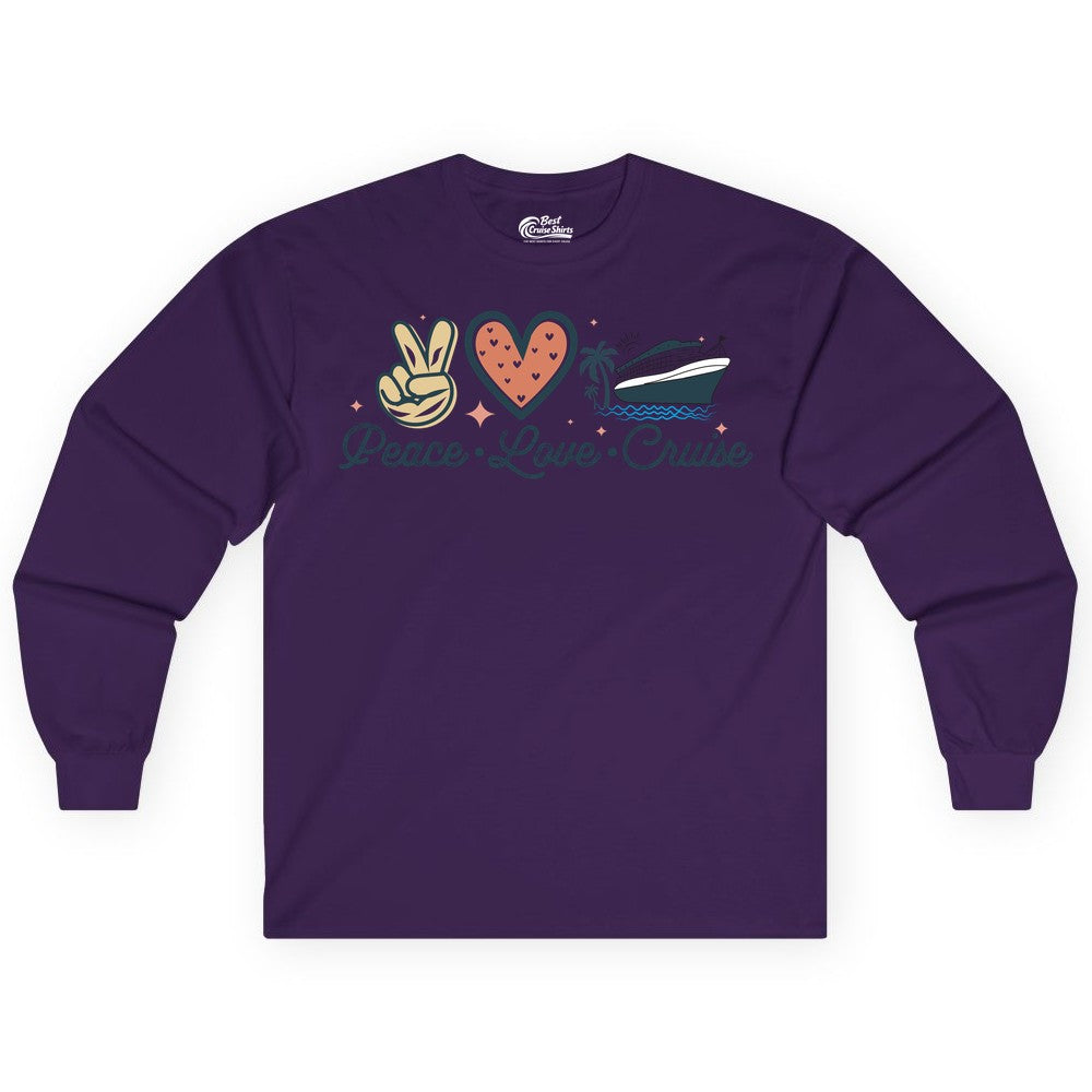 Peace Love Cruise Shirt - Fun Family Cruise Vacation Group Tee (Long Sleeve) in Purple - Peace Love Cruise Shirt - Retro Hand Sign Heart Ship Group Tee