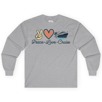 Peace Love Cruise Shirt - Fun Family Cruise Vacation Group Tee (Long Sleeve) in Sport Grey - Peace Love Cruise Shirt - Retro Hand Sign Heart Ship Group Tee