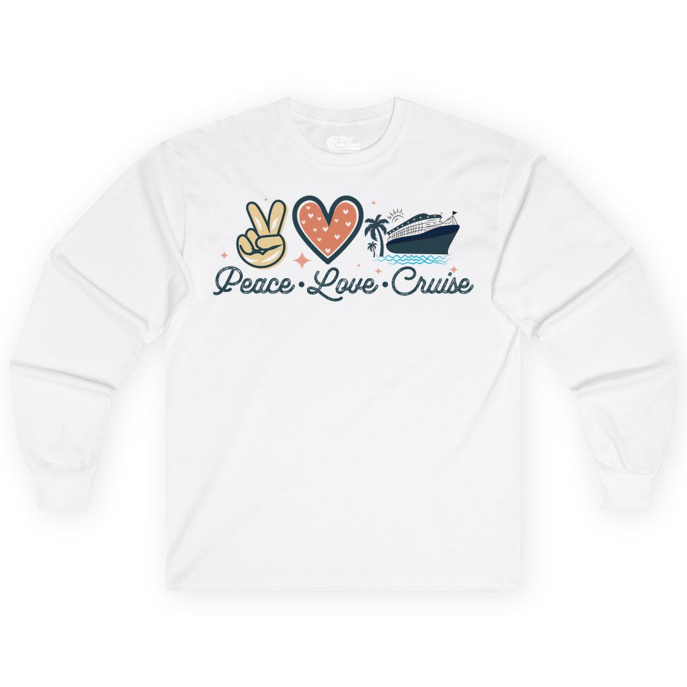 Peace Love Cruise Shirt - Fun Family Cruise Vacation Group Tee (Long Sleeve) in White - Peace Love Cruise Shirt - Retro Hand Sign Heart Ship Group Tee
