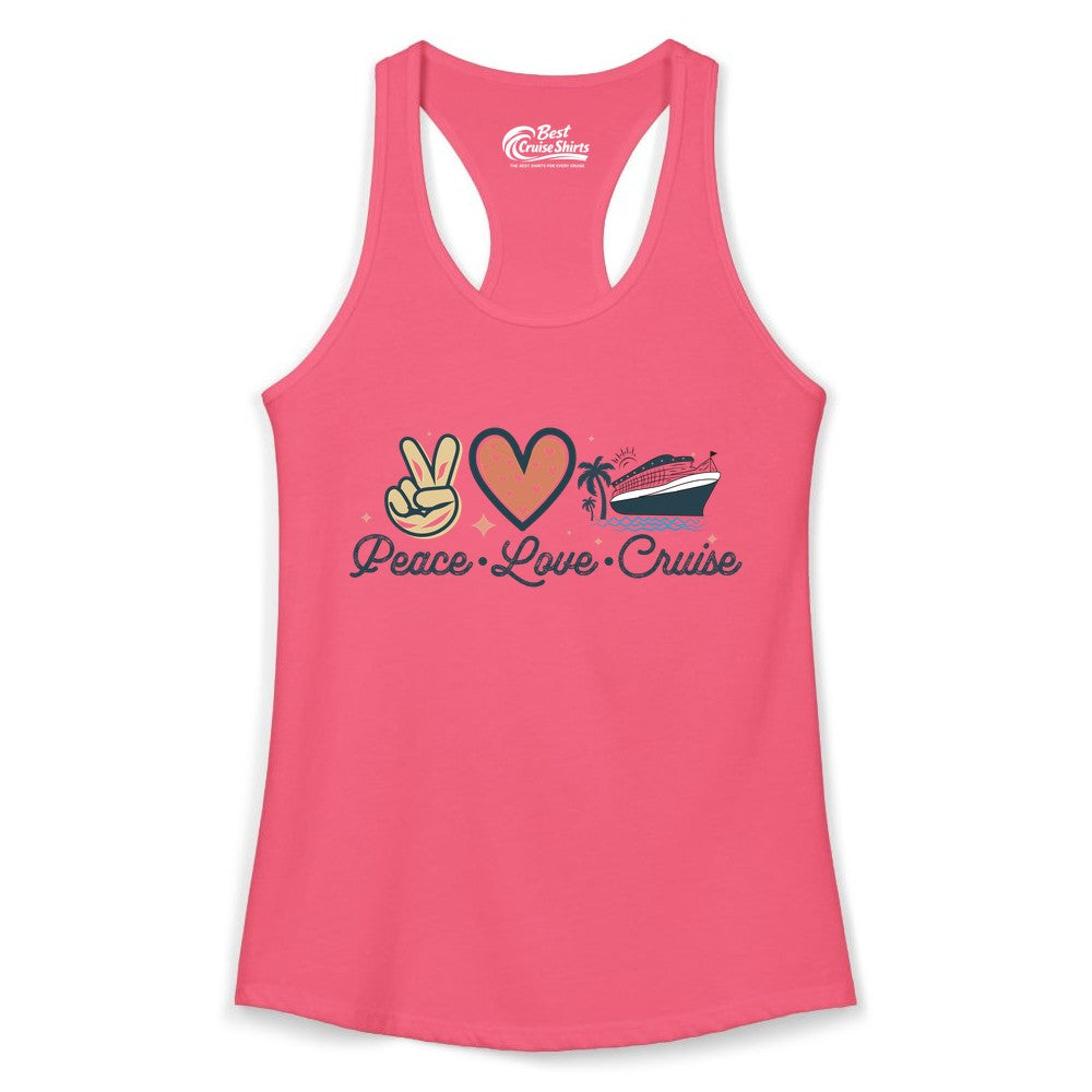 Peace Love Cruise Shirt - Fun Family Cruise Vacation Group Tee (Ladies Tank) in Hot Pink - Peace Love Cruise Shirt - Retro Hand Sign Heart Ship Group Tee