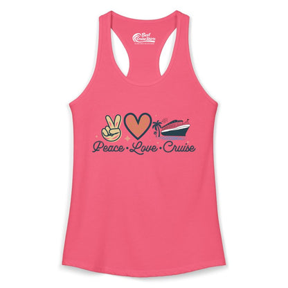 Peace Love Cruise Shirt - Fun Family Cruise Vacation Group Tee (Ladies Tank) in Hot Pink - Peace Love Cruise Shirt - Retro Hand Sign Heart Ship Group Tee