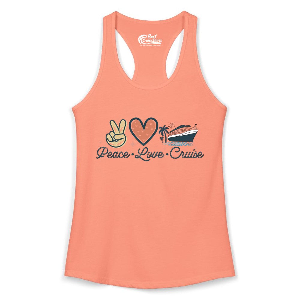 Peace Love Cruise Shirt - Fun Family Cruise Vacation Group Tee (Ladies Tank) in Solid Light Orange - Peace Love Cruise Shirt - Retro Hand Sign Heart Ship Group Tee
