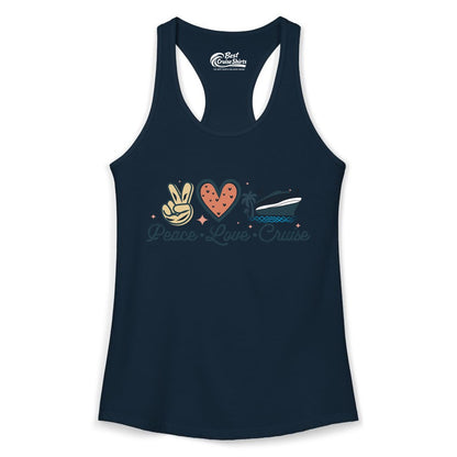 Peace Love Cruise Shirt - Fun Family Cruise Vacation Group Tee (Ladies Tank) in Solid Midnight Navy - Peace Love Cruise Shirt - Retro Hand Sign Heart Ship Group Tee