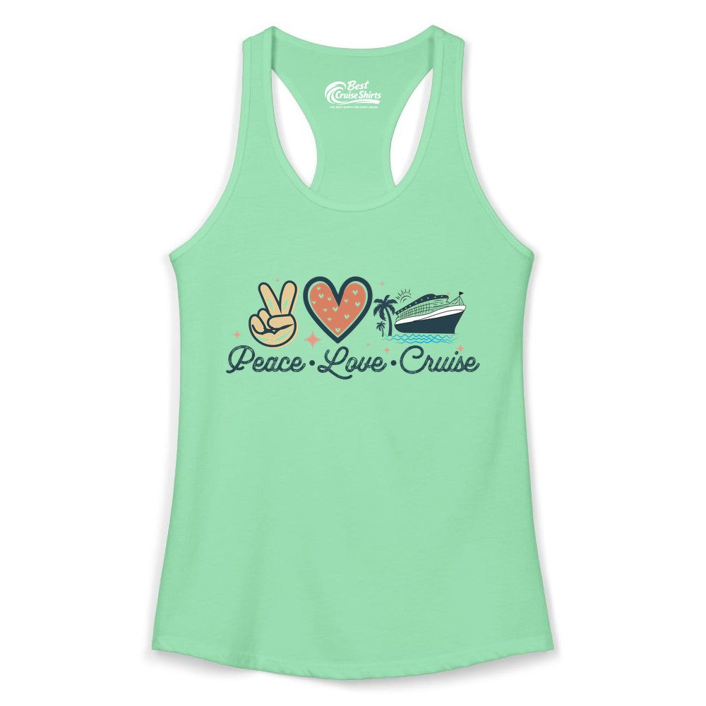 Peace Love Cruise Shirt - Fun Family Cruise Vacation Group Tee (Ladies Tank) in Solid Mint - Peace Love Cruise Shirt - Retro Hand Sign Heart Ship Group Tee