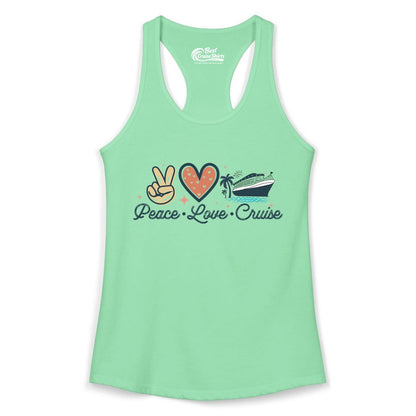 Peace Love Cruise Shirt - Fun Family Cruise Vacation Group Tee (Ladies Tank) in Solid Mint - Peace Love Cruise Shirt - Retro Hand Sign Heart Ship Group Tee
