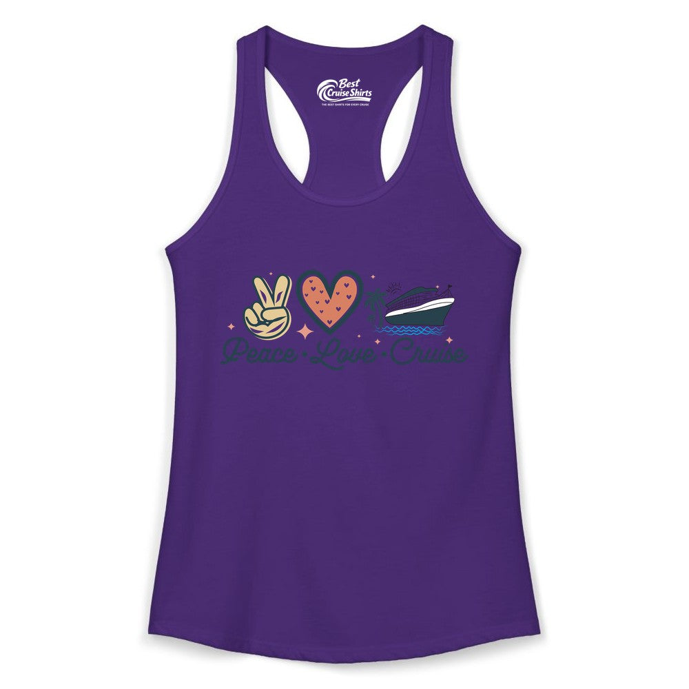 Peace Love Cruise Shirt - Fun Family Cruise Vacation Group Tee (Ladies Tank) in Solid Purple Rush - Peace Love Cruise Shirt - Retro Hand Sign Heart Ship Group Tee