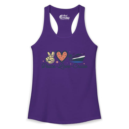 Peace Love Cruise Shirt - Fun Family Cruise Vacation Group Tee (Ladies Tank) in Solid Purple Rush - Peace Love Cruise Shirt - Retro Hand Sign Heart Ship Group Tee