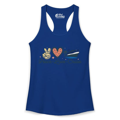 Peace Love Cruise Shirt - Fun Family Cruise Vacation Group Tee (Ladies Tank) in Solid Royal - Peace Love Cruise Shirt - Retro Hand Sign Heart Ship Group Tee