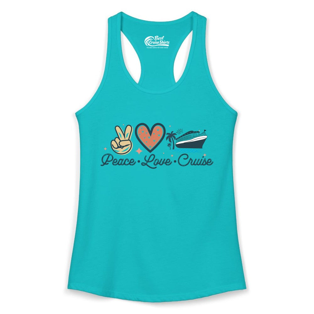 Peace Love Cruise Shirt - Fun Family Cruise Vacation Group Tee (Ladies Tank) in Tahiti Blue - Peace Love Cruise Shirt - Retro Hand Sign Heart Ship Group Tee