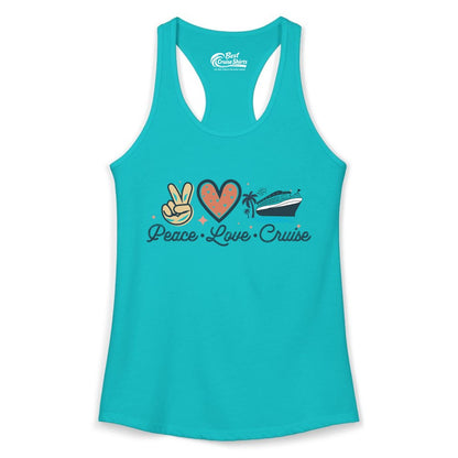 Peace Love Cruise Shirt - Fun Family Cruise Vacation Group Tee (Ladies Tank) in Tahiti Blue - Peace Love Cruise Shirt - Retro Hand Sign Heart Ship Group Tee