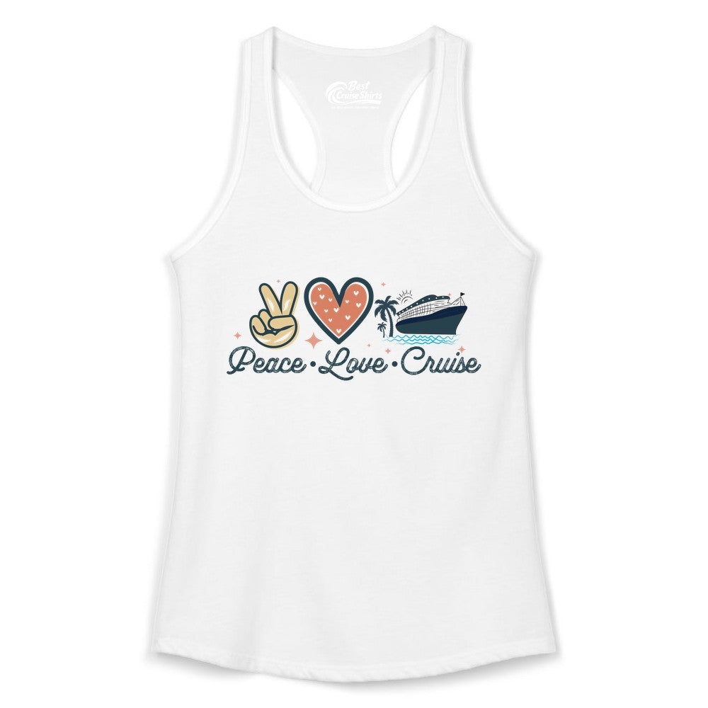 Peace Love Cruise Shirt - Fun Family Cruise Vacation Group Tee (Ladies Tank) in White - Peace Love Cruise Shirt - Retro Hand Sign Heart Ship Group Tee