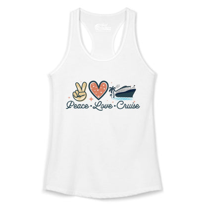 Peace Love Cruise Shirt - Fun Family Cruise Vacation Group Tee (Ladies Tank) in White - Peace Love Cruise Shirt - Retro Hand Sign Heart Ship Group Tee