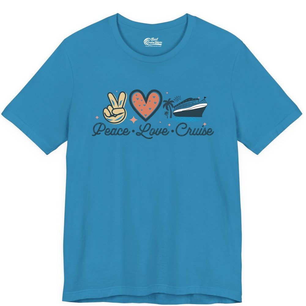 Peace Love Cruise Shirt - Fun Family Cruise Vacation Group Tee (Premium Tee) in Aqua - Peace Love Cruise Shirt - Retro Hand Sign Heart Ship Group Tee