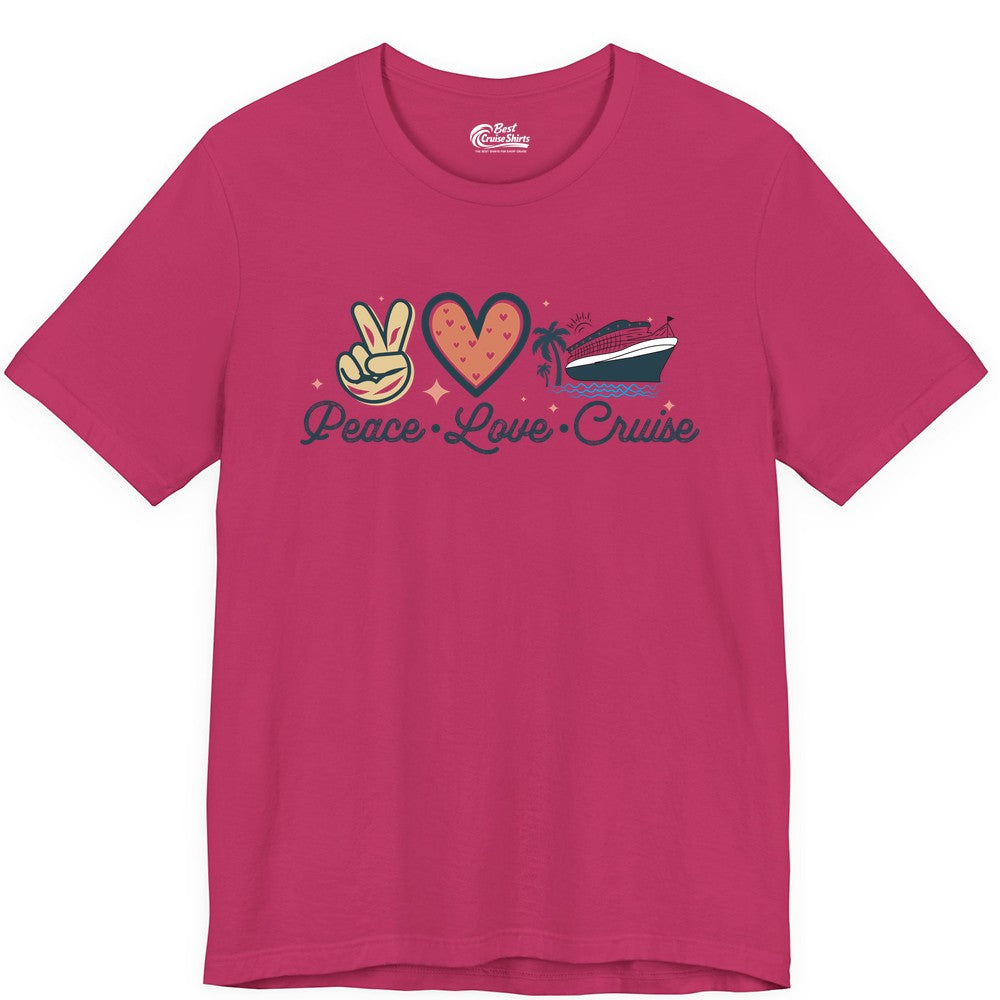 Peace Love Cruise Shirt - Fun Family Cruise Vacation Group Tee (Premium Tee) in Berry - Peace Love Cruise Shirt - Retro Hand Sign Heart Ship Group Tee