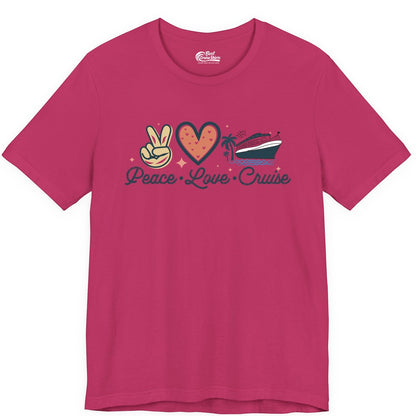 Peace Love Cruise Shirt - Fun Family Cruise Vacation Group Tee (Premium Tee) in Berry - Peace Love Cruise Shirt - Retro Hand Sign Heart Ship Group Tee