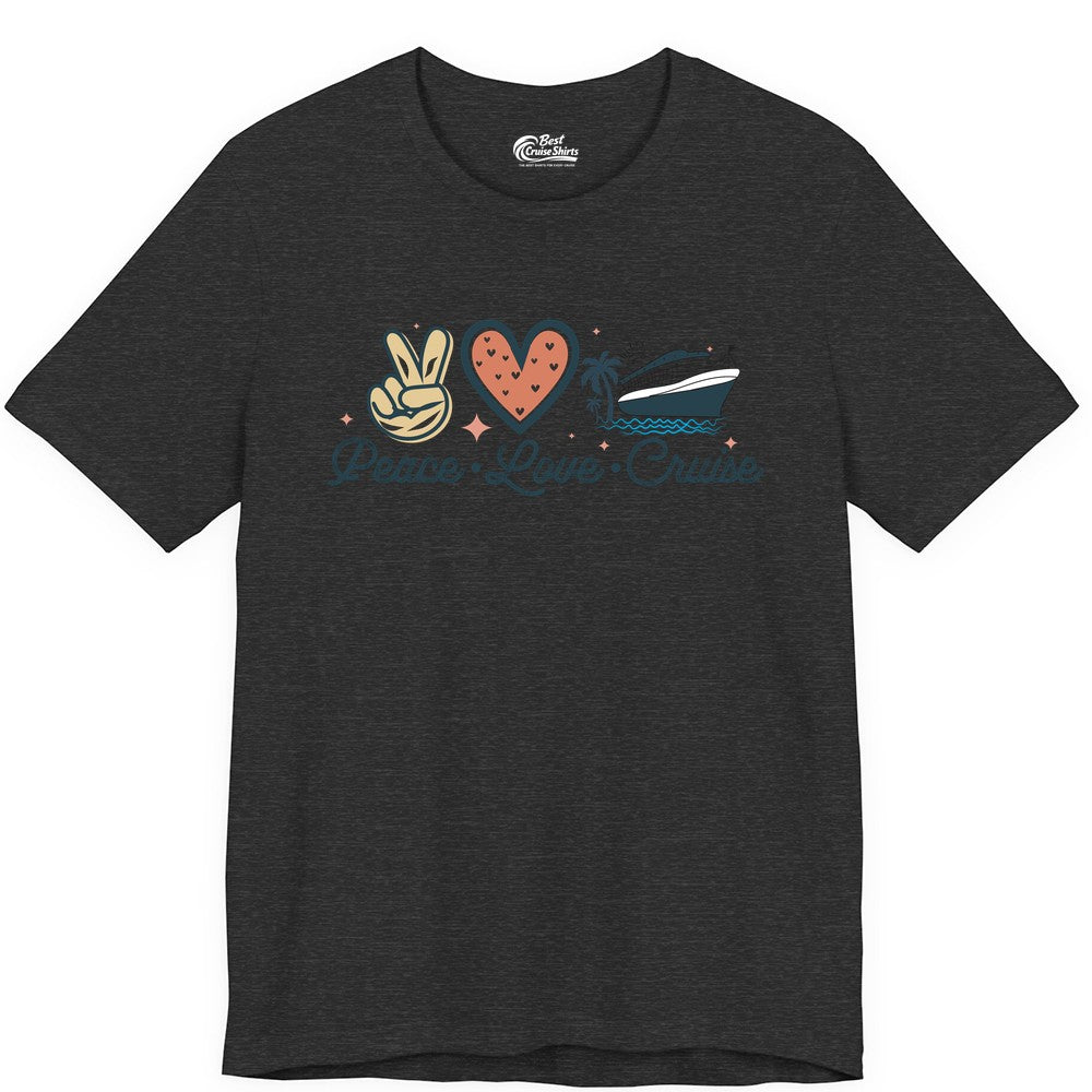 Peace Love Cruise Shirt - Fun Family Cruise Vacation Group Tee (Premium Tee) in Dark Grey Heather - Peace Love Cruise Shirt - Retro Hand Sign Heart Ship Group Tee