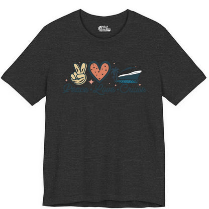 Peace Love Cruise Shirt - Fun Family Cruise Vacation Group Tee (Premium Tee) in Dark Grey Heather - Peace Love Cruise Shirt - Retro Hand Sign Heart Ship Group Tee