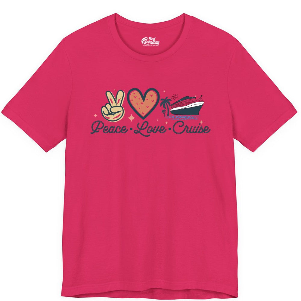 Peace Love Cruise Shirt - Fun Family Cruise Vacation Group Tee (Premium Tee) in Fuchsia - Peace Love Cruise Shirt - Retro Hand Sign Heart Ship Group Tee