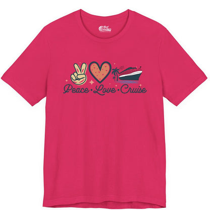 Peace Love Cruise Shirt - Fun Family Cruise Vacation Group Tee (Premium Tee) in Fuchsia - Peace Love Cruise Shirt - Retro Hand Sign Heart Ship Group Tee