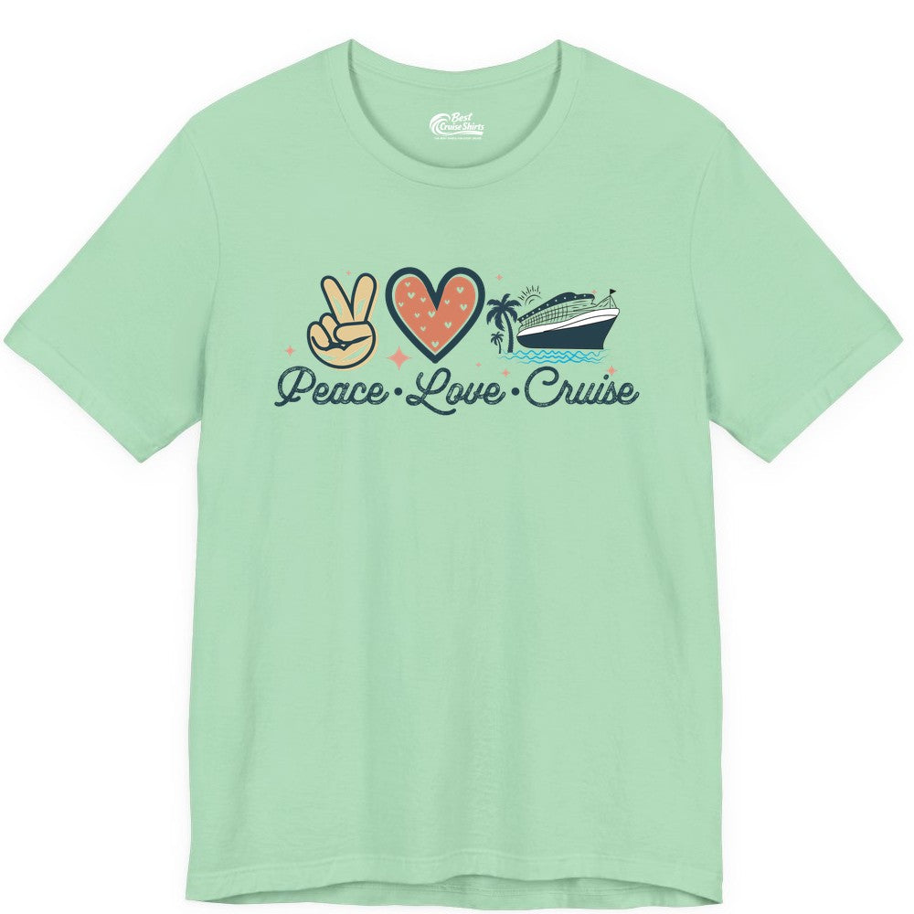 Peace Love Cruise Shirt - Fun Family Cruise Vacation Group Tee (Premium Tee) in Mint - Peace Love Cruise Shirt - Retro Hand Sign Heart Ship Group Tee