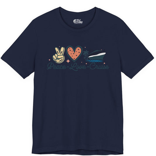 Peace Love Cruise Shirt - Fun Family Cruise Vacation Group Tee (Premium Tee) in Navy - Peace Love Cruise Shirt - Retro Hand Sign Heart Ship Group Tee