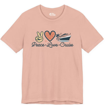 Peace Love Cruise Shirt - Fun Family Cruise Vacation Group Tee (Premium Tee) in Peach - Peace Love Cruise Shirt - Retro Hand Sign Heart Ship Group Tee