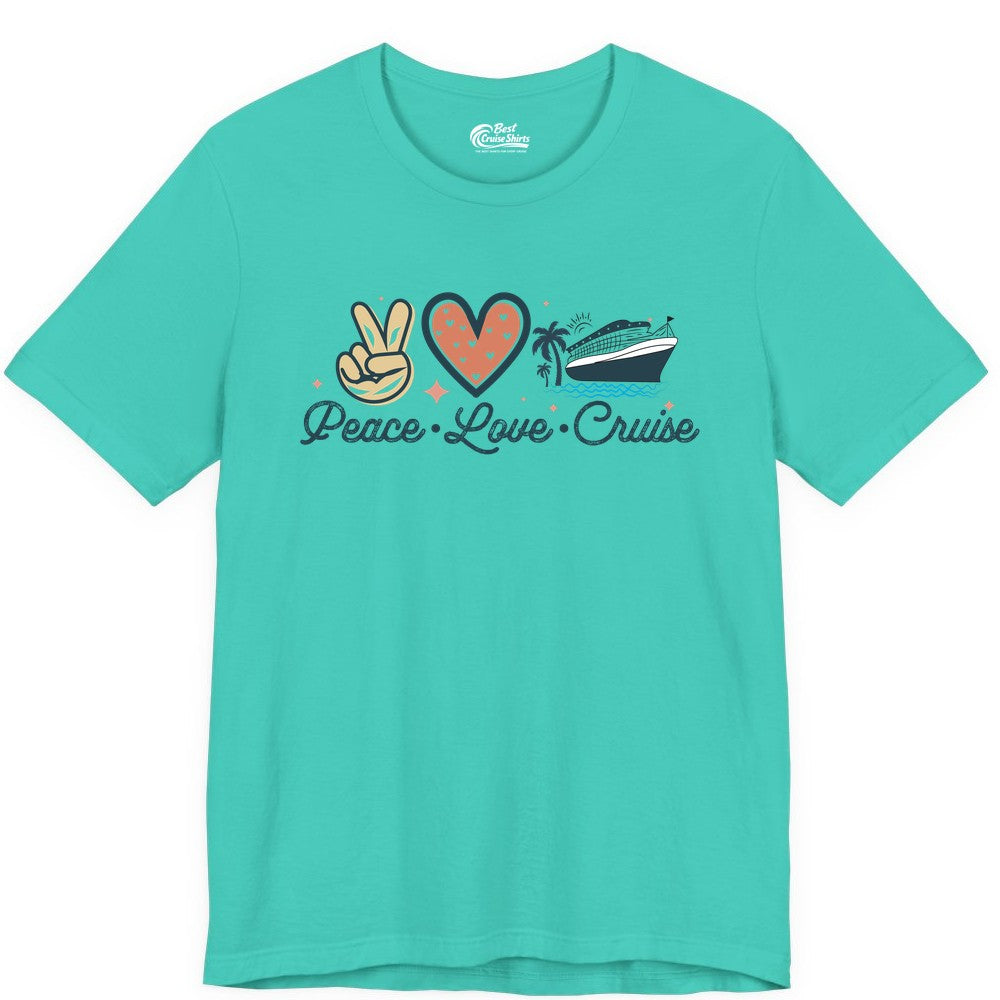Peace Love Cruise Shirt - Fun Family Cruise Vacation Group Tee (Premium Tee) in Teal - Peace Love Cruise Shirt - Retro Hand Sign Heart Ship Group Tee