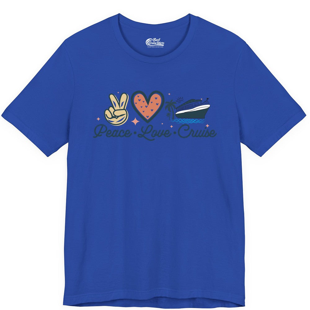 Peace Love Cruise Shirt - Fun Family Cruise Vacation Group Tee (Premium Tee) in True Royal - Peace Love Cruise Shirt - Retro Hand Sign Heart Ship Group Tee